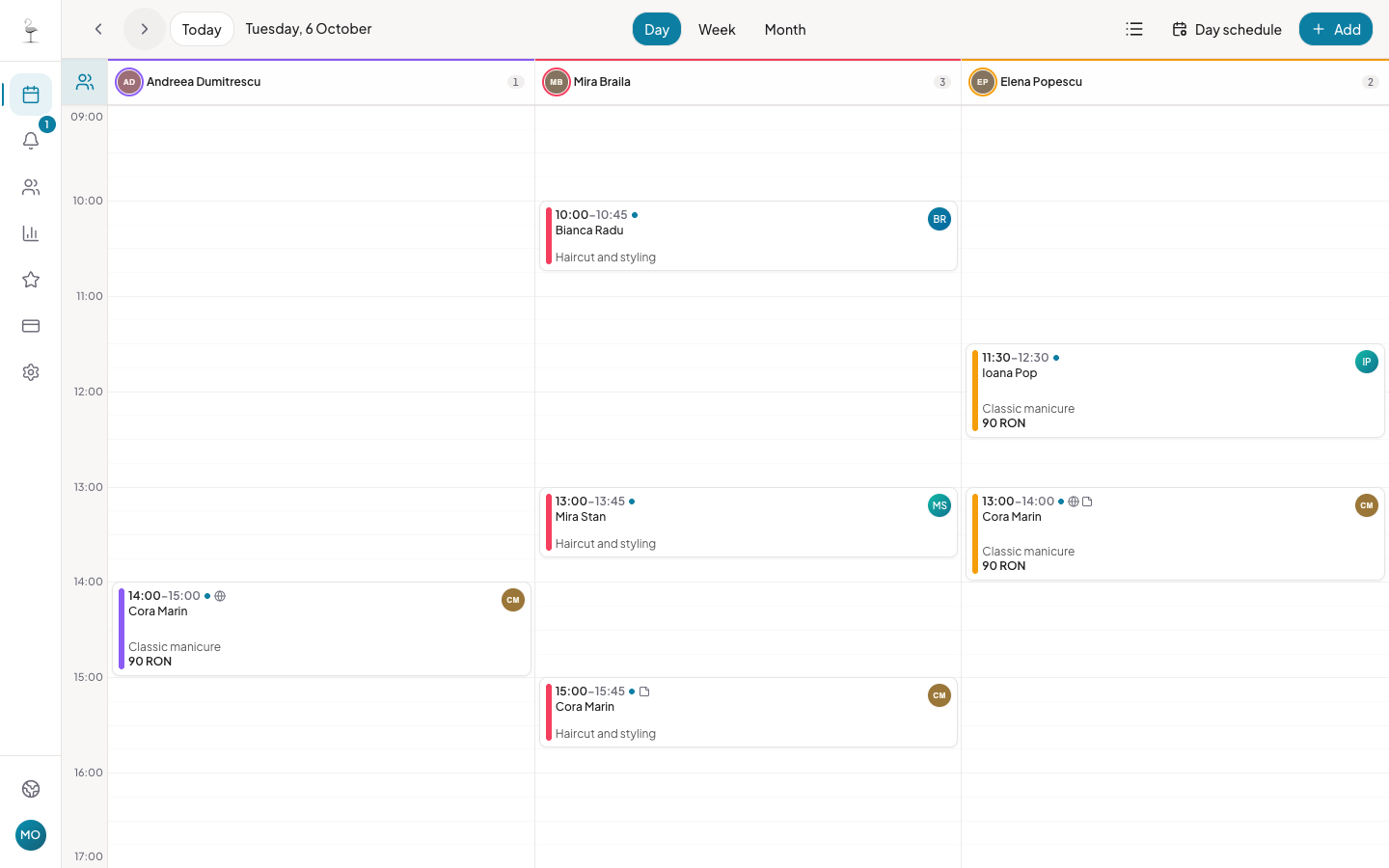 Glamingo calendar with team columns and scheduled appointments