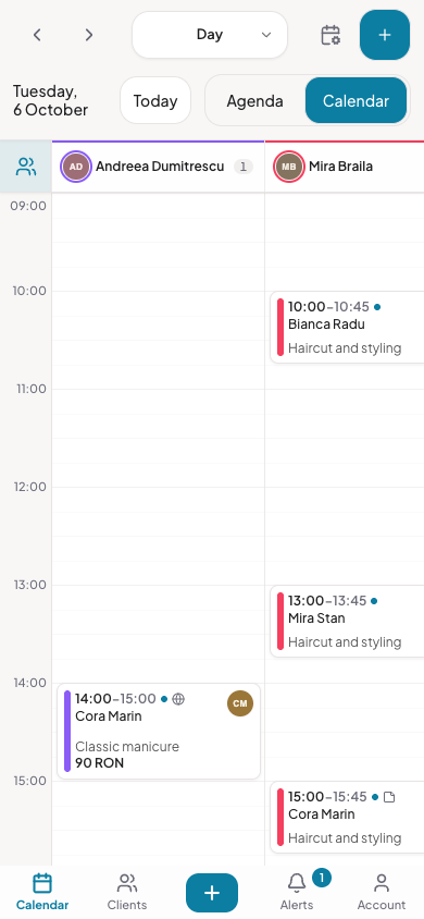 Glamingo mobile calendar, with a central plus button for adding appointments